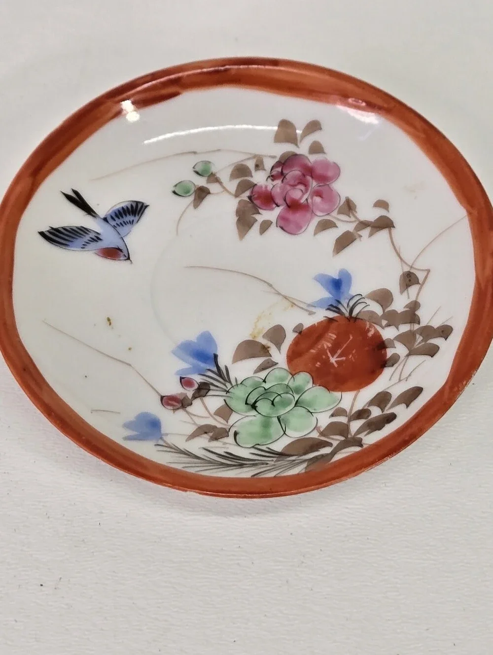 Antique Japanese Kutani Porcelain Small Dish Bird Floral Red Rim Saucer Plate
